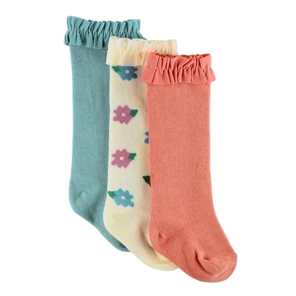 Rufflebutts Girls 6-8 3 Pack Knee High Ruffle Socks Floral Pink Blue NEW